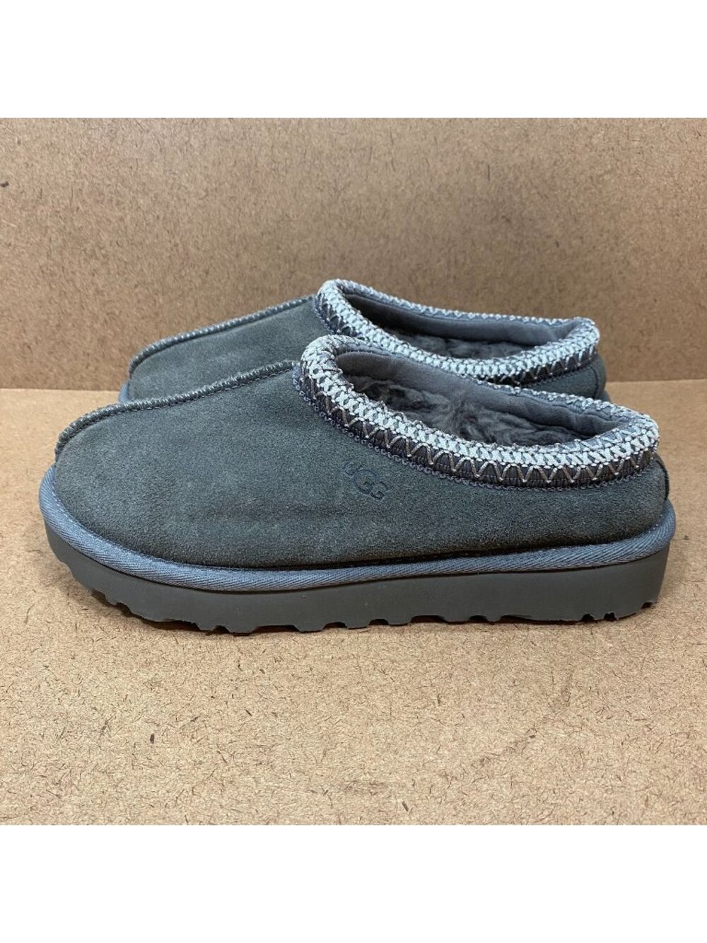 UGG Womens Tasman Gray Suede Cozy Slippers Size 6 Embroidered Collar Fur Lined